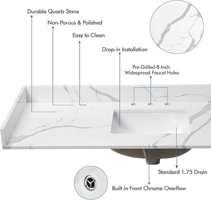 60 in.W x 22 in.D Quartz Calacatta River Vanity Top,with Undermount Middle Sink Vanity Top,with Two Sidesplash & One Backsplash,8 Inch Faucet Hole Spread Bathroom Vanity Sink Countertop