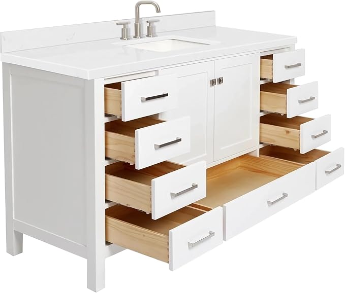 ARIEL Cambridge 60-inch Bathroom Vanity with Sink,Solid Wood, 1.5-inch Carrara White Quartz Countertop, Single Rectangular Porcelain Sink, 2 Soft Closing Doors, 9 Dovetail Drawers, White