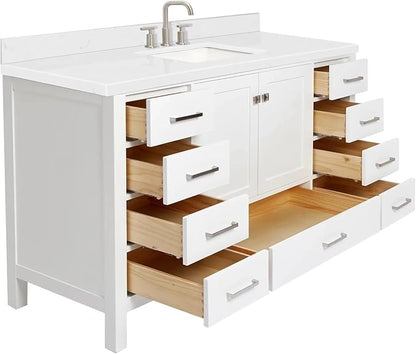 ARIEL Cambridge 60-inch Bathroom Vanity with Sink,Solid Wood, 1.5-inch Carrara White Quartz Countertop, Single Rectangular Porcelain Sink, 2 Soft Closing Doors, 9 Dovetail Drawers, White