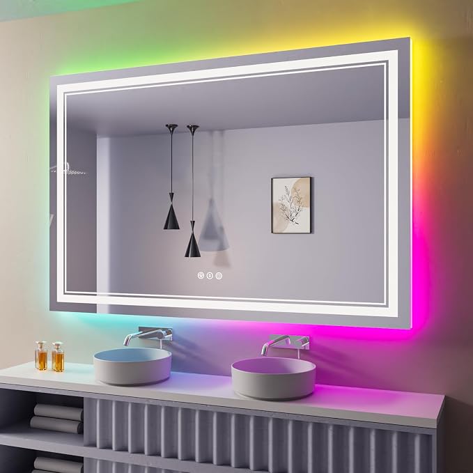 60x30 Inch RGB LED Bathroom Mirror with Lights | Front and RGB Backlit, Dimmable, Memory, Anti Fog, Shatterproof, Horizontal/Vertical, Lighted Mirrors for Bathroom Wall