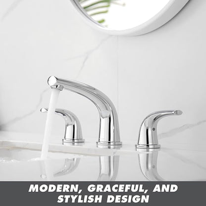 Solid Brass Widespread Bathroom Faucet,8-inch Faucets with Pop Up Drain Assembly and 2 Water Supply Lines Faucets Polished Chrome