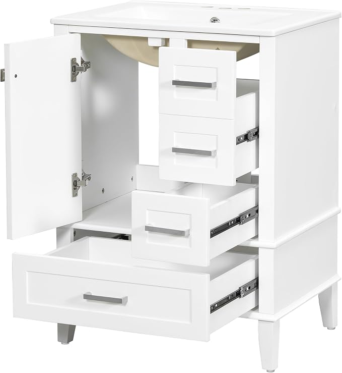 24.8" Bathroom Vanity with Ceramic Sink, Freestanding Bathroom Cabinet with Soft-Close Door, 3 Drawers & Spacious Storage, Solid Wood Frame and MDF, Modern White Vanity for Small Bathrooms