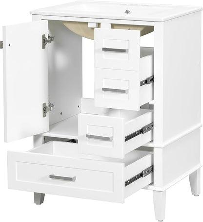 24.8" Bathroom Vanity with Ceramic Sink, Freestanding Bathroom Cabinet with Soft-Close Door, 3 Drawers & Spacious Storage, Solid Wood Frame and MDF, Modern White Vanity for Small Bathrooms