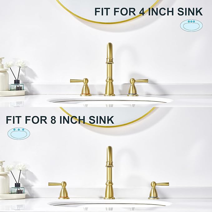 CREA Widespread Bathroom Faucet 3 Hole Brushed Gold Sink Faucet 8 inch with Pop Up Drain 2 Handle 4 inch Faucets for Vanity Lavatory Basin Restroom Bath Sink