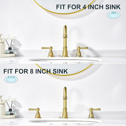 CREA Widespread Bathroom Faucet 3 Hole Brushed Gold Sink Faucet 8 inch with Pop Up Drain 2 Handle 4 inch Faucets for Vanity Lavatory Basin Restroom Bath Sink