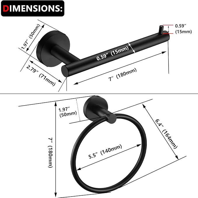 Matte Black Toilet Paper Holder and Hand Towel Holder, 2 Pieces Bathroom Hardware Accessories Set, SUS304 Stainless Steel Sturdy Wall Mount Toilet Paper Roll Holder and Towel Rack, Black