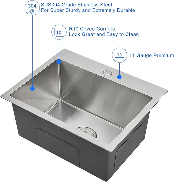 23" Drop-In Single Bowl Kitchen Sink 18 Gauge 304 Stainless Steel | 23"x18" Drop in Sink | 18 ga 304 SS Handmade | 1-hole | 9" deep | Single bowl | Brushed | Topmount