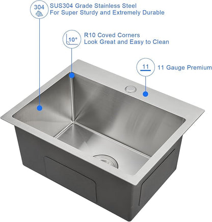 23" Drop-In Single Bowl Kitchen Sink 18 Gauge 304 Stainless Steel | 23"x18" Drop in Sink | 18 ga 304 SS Handmade | 1-hole | 9" deep | Single bowl | Brushed | Topmount