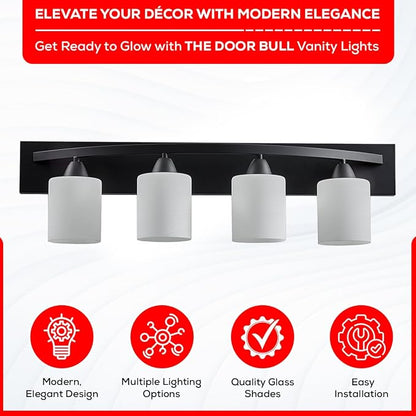 4-Light Bathroom Vanity Bar Light Fixture - Matte Black | Modern Frosted glass shades with E26 socket. Matte Wall sconce lighting perfect over mirror, kitchen, hallway, or entryway
