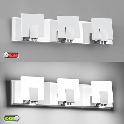 SOLFART Bathroom Lighting Fixtures Over Mirror Chrome 3 Light Bathroom Vanity Light Dimmable LED Lights Stainless Steel Acrylic