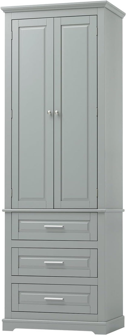 Merax 70" Pantry Cabinet with Two Doors & Three Drawer, Adjustable Shelves Storage Cupboard for Kitchen/Dining Room/Bathroom, Gray