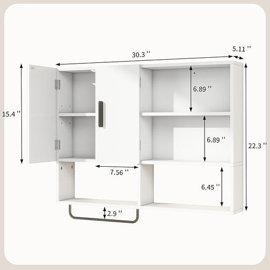 Medicine Cabinet, Wooden Bathroom Wall Cabinet with 2 Doors, Adjustable Shelves & Towel Bar, Over Toilet Storage Cabinet Wall Mounted for Kitchen & Laundry, White