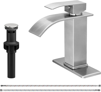 Bathroom Sink Faucet Single Handle Waterfall Bathroom Faucets | 304 Stainless Steel,Lavatory Commercial Vanity Faucets with Sink Drain Assembly and Basin Plate Deck Mount,Brushed Nickel