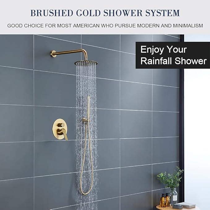 TIPOK Brushed Gold Shower System with 8 Inch Round Shower Head and Handheld, Rainfall Shower Faucets Sets Complete, Gold Shower Head System Wall Mounted Shower Set for Bathroom