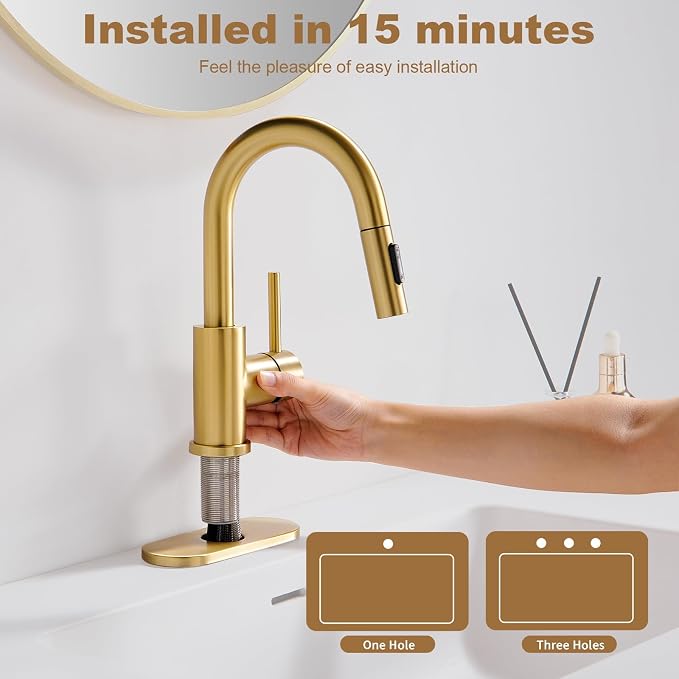 Gold Bathroom Sink Faucet with Pull Down Sprayer | 2 Mode Sprayer, with Deck Plate for 1 or 3 Hole, 360° Swivel, with Pop Up Drain for Vanity Bar RV Basin Laundry Kitchen