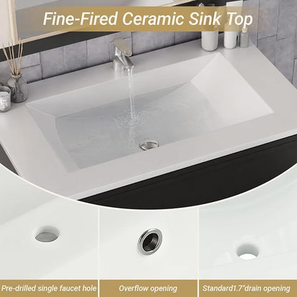 36 Inch Freestanding Bathroom Vanity with Sink, Shaker Style Black Cabinet with 3 Drawers & Double Doors, Waterproof Lacquer Finish, Ideal for Master Bathroom & Family Home