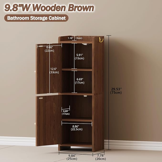Arbuxzuy Small Bathroom Storage Cabinet with 2 Doors and Adjustable Shelf | Brown Corner Floor Cabinet, Narrow Toilet Paper Cabinets with 2Hooks,Toilet Organizer for Small Spaces, 7.87"D*9.84"W*29.72"H