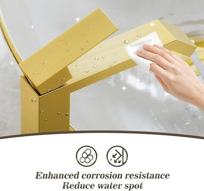 Brushed Gold Bathroom Faucet Brass Vessel Sink Faucet, Square Single Hole Single Handle Waterfall Above Counter Sink Faucet with Metal Pop Up Drain Without Overflow, FH05-BG-V