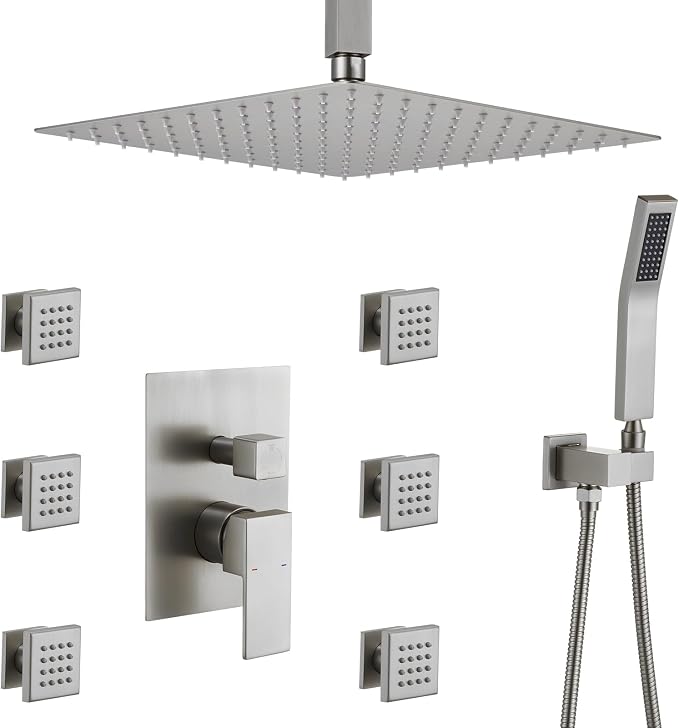 Rain Shower System With Complete 6 Pcs Body Sprays Jets And Pressured Balance Rough-in Valve,12Inch Rainfall Shower Head And Handheld, Modern Brushed Nickel Ceiling Mount Shower Faucet Sets