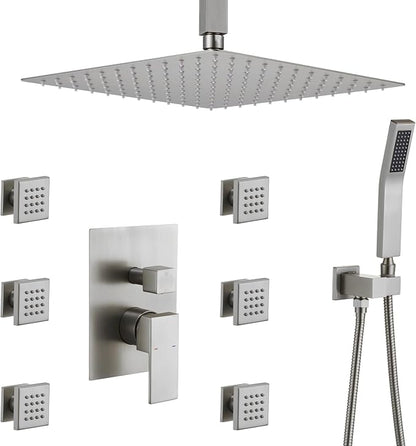 Rain Shower System With Complete 6 Pcs Body Sprays Jets And Pressured Balance Rough-in Valve,12Inch Rainfall Shower Head And Handheld, Modern Brushed Nickel Ceiling Mount Shower Faucet Sets
