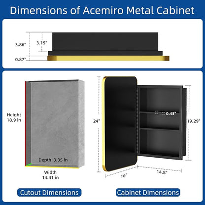 ACEMIRO 16x24 Inch Mirror Medicine Cabinet for Bathroom Gold Metal Frame Bathroom Medicine Cabinet with Mirror Recessed or Wall Mounted