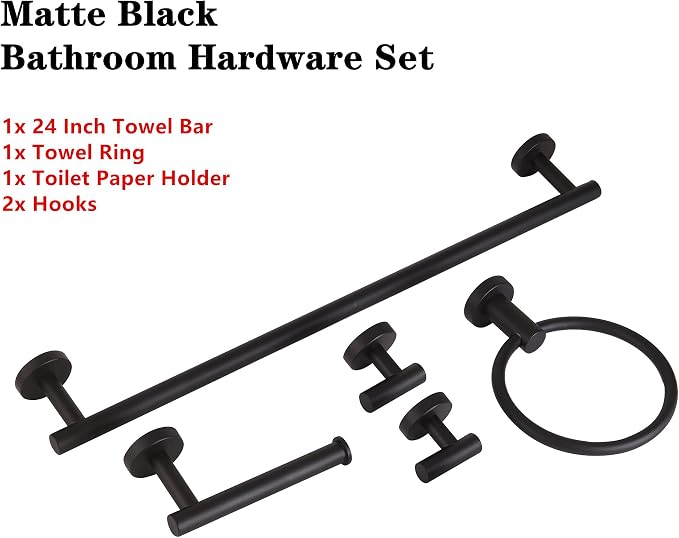 Matte Black Bathroom Hardware Set, Modern 24-Inch Towel Bar Set Wall Mounted, Towel Rack Set Black,Stainless Steel Bathroom Accessories Set Black,5-Pieces