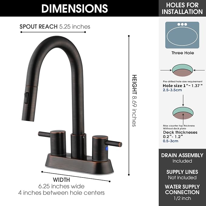 Oil Rubbed Bronze Bathroom Faucet with Pull Out Sprayer, Dual-Function Spout Bronze Bathroom Sink Faucets, 4 Inch Two Handle Utility Sink Faucet with Sprayer 3 Hole, Easy Pet Shower, RVs