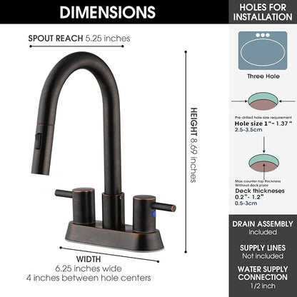 Oil Rubbed Bronze Bathroom Faucet with Pull Out Sprayer, Dual-Function Spout Bronze Bathroom Sink Faucets, 4 Inch Two Handle Utility Sink Faucet with Sprayer 3 Hole, Easy Pet Shower, RVs