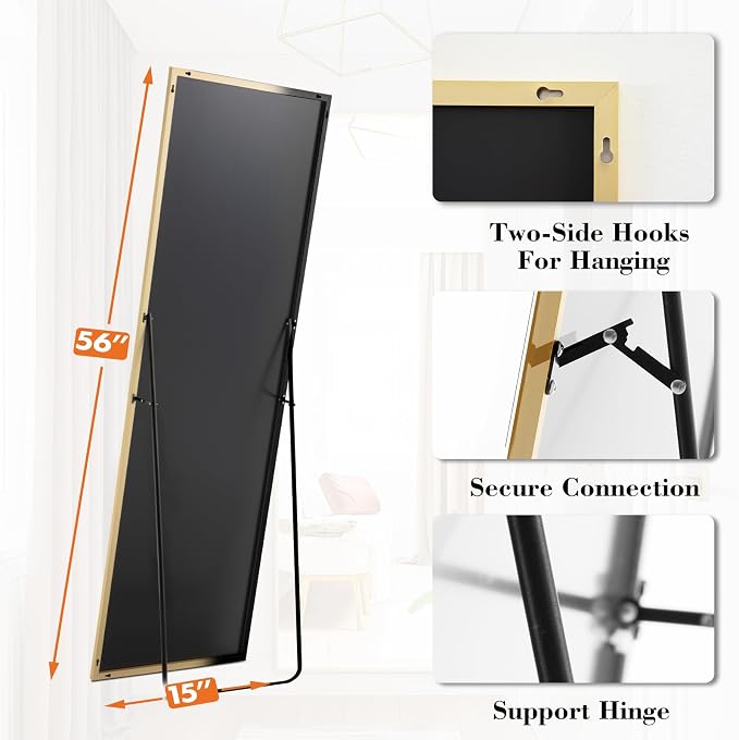 DUMOS Full Length Mirror for Bedroom, 56"x15" Full Body Mirror with Stand, Hanging or Leaning for Wall, Aluminum Alloy Thin Frame Floor Standing for Living Room, Long, Gold