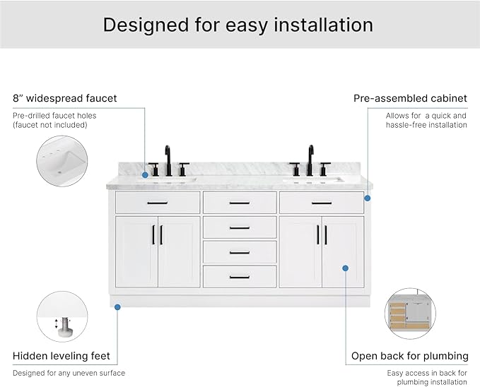 ARIEL Hepburn 72-inch Bathroom Vanity with Sink,Solid Wood, 1.5-inch Italian Carrara Marble Countertop, Double Rectangular Porcelain Sink, 4 Soft Closing Doors, 6 Dovetail Drawers, White