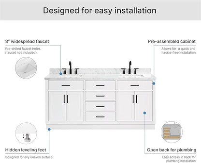 ARIEL Hepburn 72-inch Bathroom Vanity with Sink,Solid Wood, 1.5-inch Italian Carrara Marble Countertop, Double Rectangular Porcelain Sink, 4 Soft Closing Doors, 6 Dovetail Drawers, White