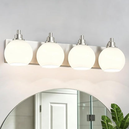 IZORRO Bathroom Light Fixtures, 4-Light Brushed Nickel Vanity Light, Modern Wall Sconces with Globe Milk White Glass Shade, Vanity Lighting Fixtures Over Mirror,E26 Bulb Socket
