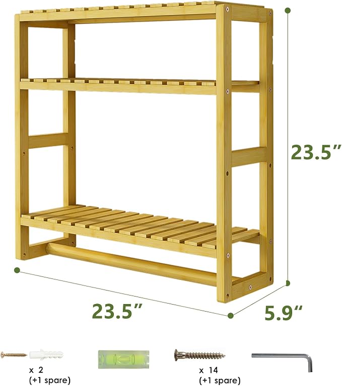 Galood Over The Toilet Storage Bathroom Shelves Wall Mounted Yellow | 3 Tier Space Saver Corner Shelf Organizer Bamboo Towel Rack Toilet Paper Cabinet with Hanging Rod