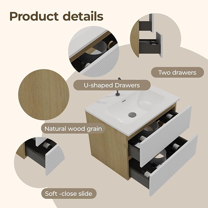 24'' Floating Bathroom with Sink Combo, Modern Bathroom Cabinet with 2-Soft Close & Large Storage Drawers, for Small Space, Apartment, Hotel, White and Natural (Already Assembled)
