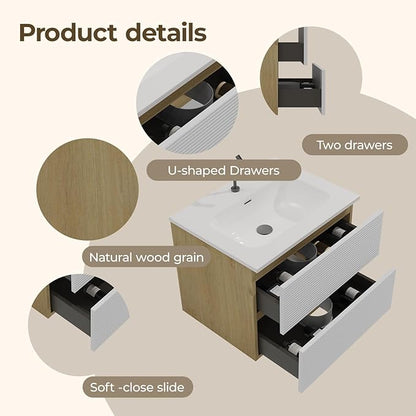 24'' Floating Bathroom with Sink Combo, Modern Bathroom Cabinet with 2-Soft Close & Large Storage Drawers, for Small Space, Apartment, Hotel, White and Natural (Already Assembled)