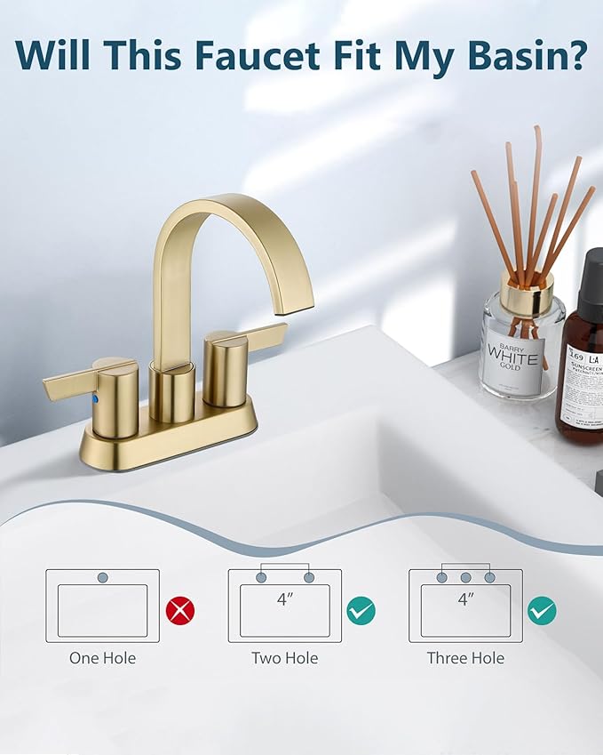 Aolemi Bathroom Faucets for Sink 3 Hole,4 Inch Centerset Waterfall Faucet 2 Handle for Bathroom Sink with Pop-Up Drain and Supply Lines Brushed Gold