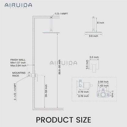 Airuida 10 Inch Brushed Gold Shower Faucet Set,Rainfall Shower System | Ceiling Shower Head,Male Thread Rough-in Valve,Ceiling Mount,Single Handle