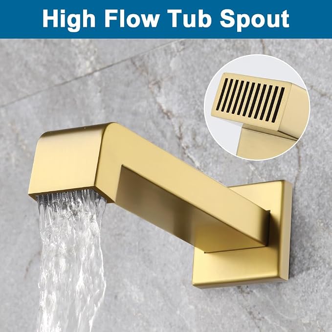 Shower Tub Faucet Set Brushed Gold Bathroom Shower System with Tub Spout Wall Mounted Rainfall 12 Inch Thickened Shower Head and Handle Set Include Shower Valve and Trim Kit