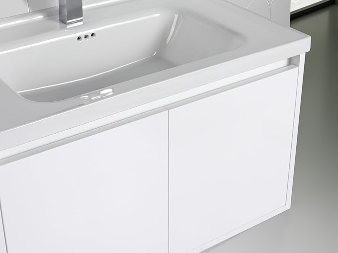 Blossom 32 Inch Wall Mounted Bathroom Vanity with Sink | Floating Wood Vanity Cabinet | Modern Soft-Close Doors & Storage | Ceramic Basin | Space-Saving Design (Glossy White, 32'' Ceramic Sink)