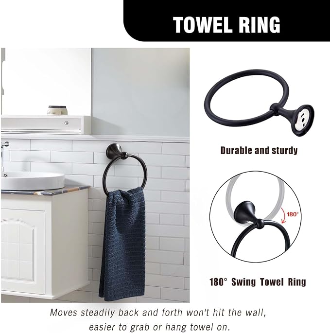 Classic Bathroom Hardware 4-piece Set, Matt Black | Wall Mounted,Stainless Steel and Zinc material,Including Towel Bar,Towel Ring,Toilet Paper Holder,Robe Hook
