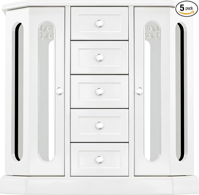 RR ROUND RICH DESIGN Vintage Jewelry Armoire with Mirror White | Solid Wood Jewelry Box Organizer with 5 Drawers & 2 Glass Doors - Large Capacity Desktop Dresser Case