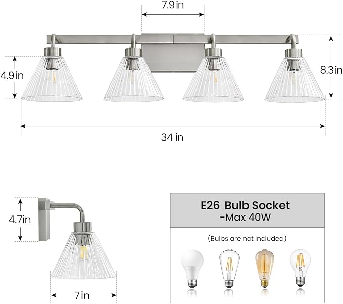 Brushed Nickel Bathroom Lighting Fixtures 4-Light Vanity Light Modern Bathroom Lights over Mirror with Ribbed Glass Shade 34 Inch Bathroom Vanity Lighting Fixtures for Bedroom Living Room Hallway