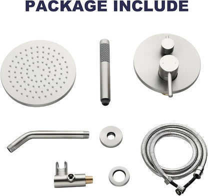 Shower System, All Metal Shower Faucet Set, Brushed Nickel | 8" Rainfall Shower Head and Handheld Spray Combo, Round Shower Head and Handle Set with Valve and Trim Kit