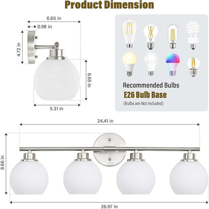 Brushed Nickel Bathroom Light Fixtures, 4-Light Vanity Light Over Mirror | Modern Bathroom Lighting Over Mirror, Wall Sconces, Milky White Globe Glass Shades, E26 Socket,ETL Listed