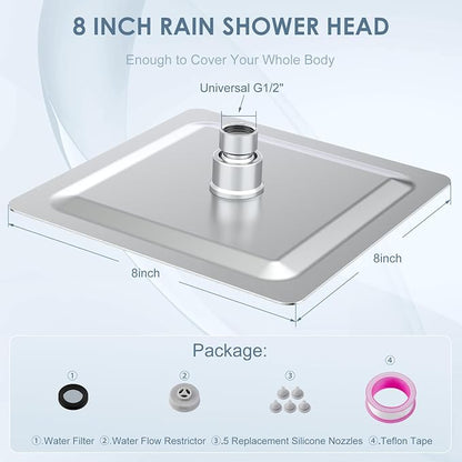 8 Inch Rain Shower Head Brushed Nickel - All Metal Stainless Steel 304, Ultra Thin Design, Square Rainfall Showerheads Modern Bathroom - Full Body Coverage Bath Shower