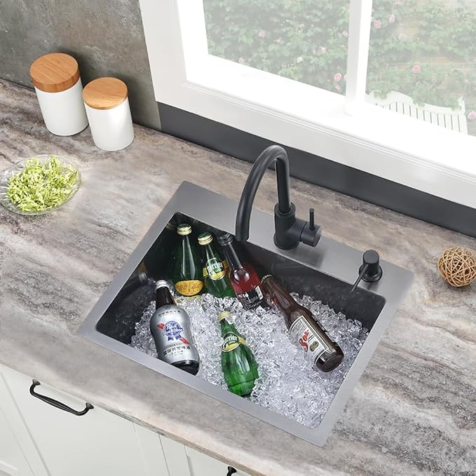 20 Inch Black Drop In Bar Sink Small Kitchen Sink | 20x16 Small Stainless Steel Outdoor Rv Sink Top Mount 16 Gauge Single Bowl Kitchen Sink with Drain