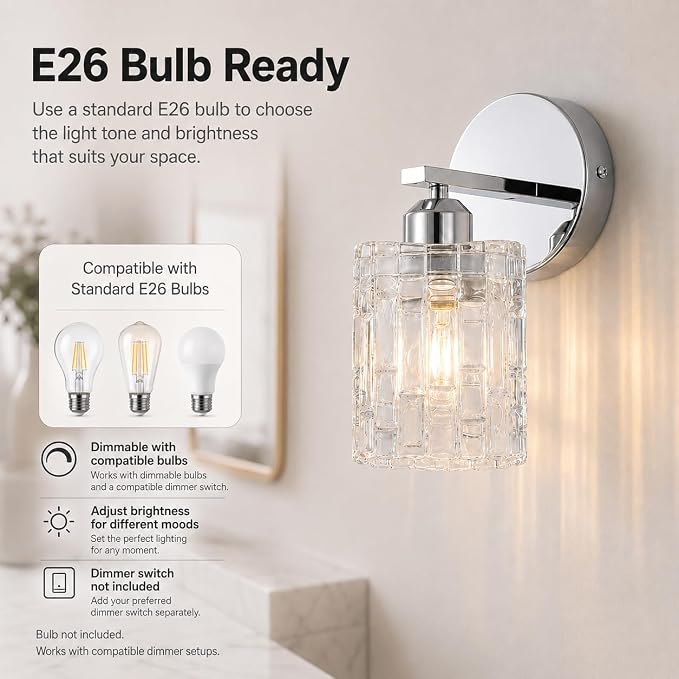 Modern 1-Light Crystal Vanity Light, Chrome Bathroom Light Fixture Over Mirror, Wall Mount for Bathroom, Bedroom, Living Room, Hallway
