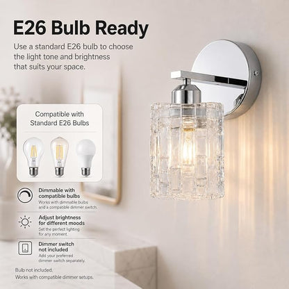 Modern 1-Light Crystal Vanity Light, Chrome Bathroom Light Fixture Over Mirror, Wall Mount for Bathroom, Bedroom, Living Room, Hallway