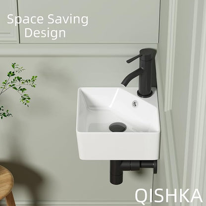 Wall Mount Corner Bathroom Sink, QISHKA 12" X 12" Square Floating Ceramic Wash Hand Basin Small White Wall Mount Vanity Sink with Single Faucet Hole and Overflow