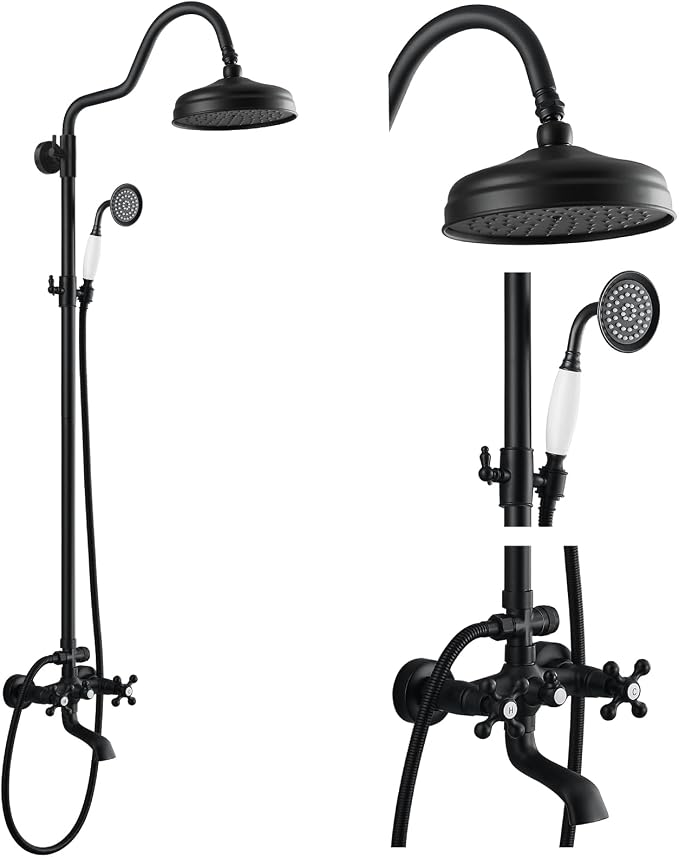 gotonovo Exposed Bathroom Shower System Vintage Shower Fixture 8 Inch Rainfall Shower Head Handheld Spray Tub Filler Brass Pipe 3-Function Wall Mount Double Cross Knobs Matte Black